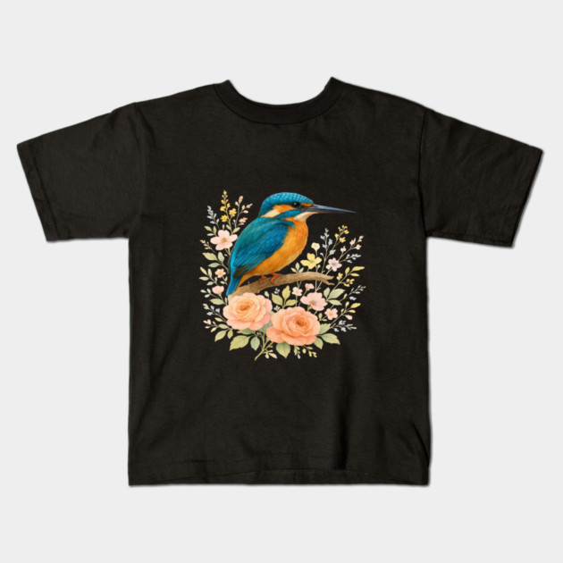 Common Kingfisher with Blossoms in Elegant Botanical Style Kids T-Shirt by BirdsnStuff