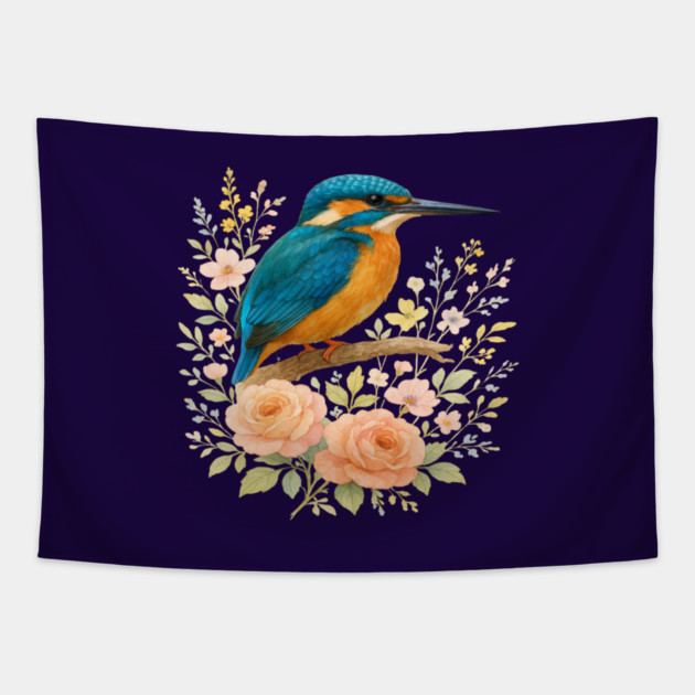 Common Kingfisher with Blossoms in Elegant Botanical Style Tapestry by BirdsnStuff