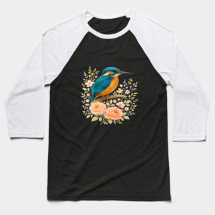 Common Kingfisher with Blossoms in Elegant Botanical Style Baseball T-Shirt