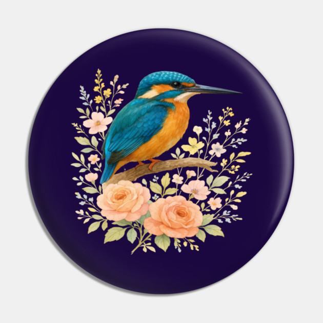 Common Kingfisher with Blossoms in Elegant Botanical Style Pin by BirdsnStuff