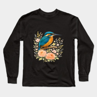 Common Kingfisher with Blossoms in Elegant Botanical Style Long Sleeve T-Shirt