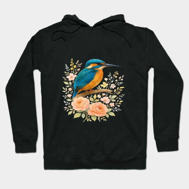 Common Kingfisher with Blossoms in Elegant Botanical Style Hoodie by BirdsnStuff