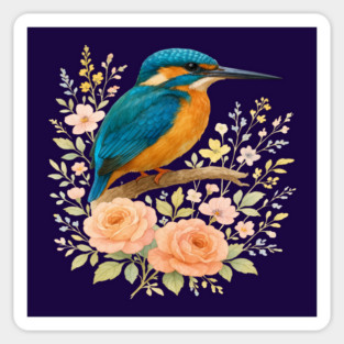 Common Kingfisher with Blossoms in Elegant Botanical Style Magnet