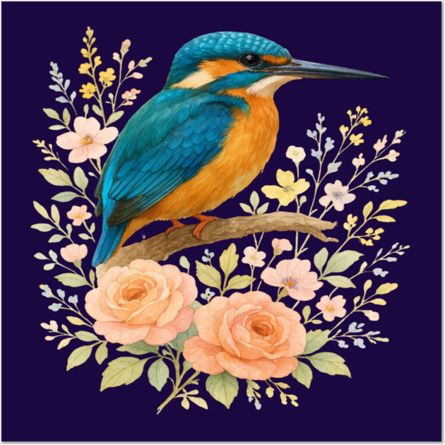 Common Kingfisher with Blossoms in Elegant Botanical Style Wall Art by BirdsnStuff