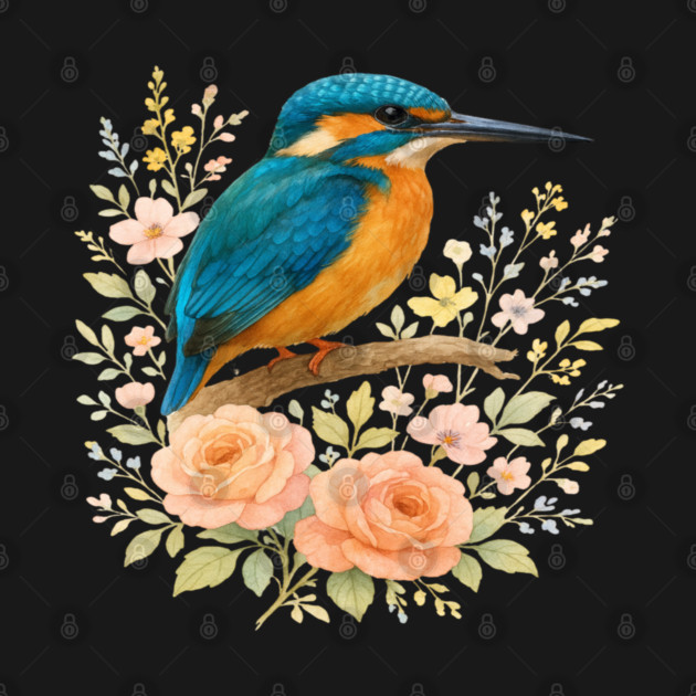 Common Kingfisher with Blossoms in Elegant Botanical Style by BirdsnStuff