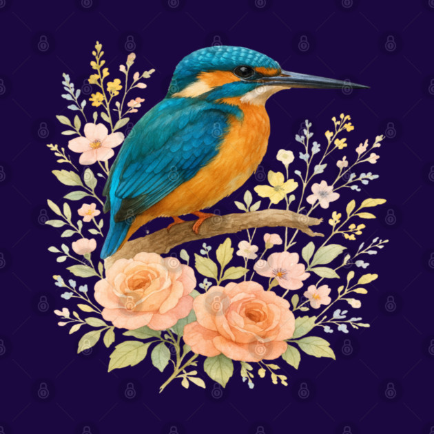 Common Kingfisher with Blossoms in Elegant Botanical Style by BirdsnStuff