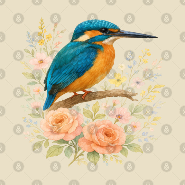 Common Kingfisher with Blossoms in Elegant Botanical Style by BirdsnStuff