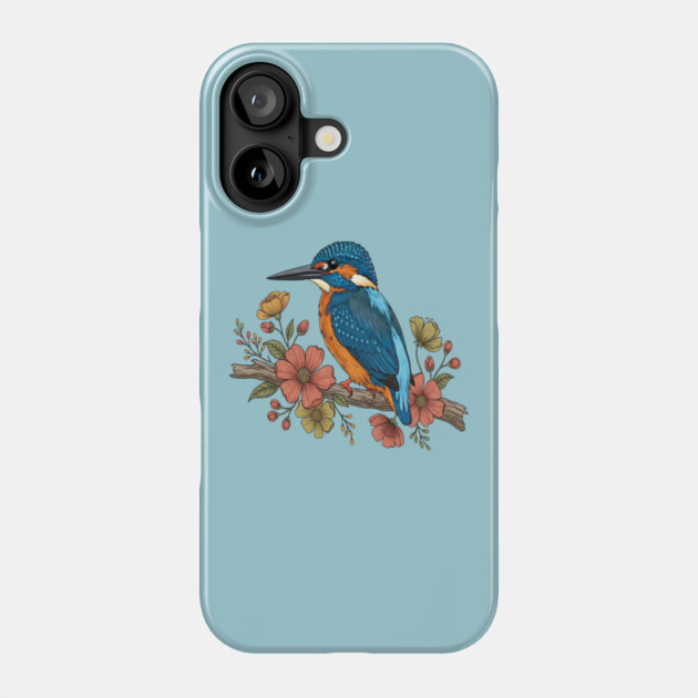 Common Kingfisher with Whimsy Florals in Botanical Style Phone Case by BirdsnStuff