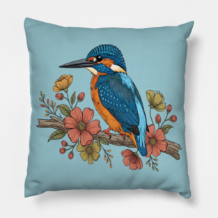 Common Kingfisher with Whimsy Florals in Botanical Style Pillow