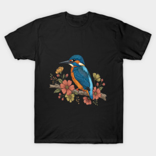 Common Kingfisher with Whimsy Florals in Botanical Style T-Shirt