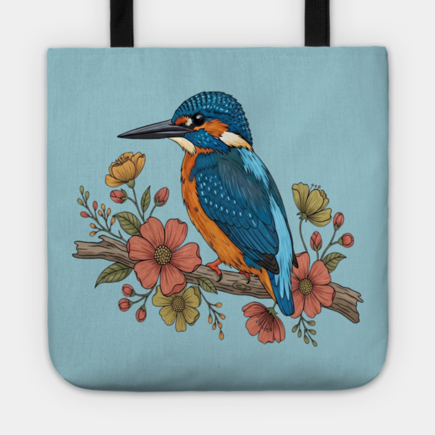 Common Kingfisher with Whimsy Florals in Botanical Style Tote by BirdsnStuff