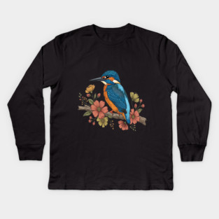 Common Kingfisher with Whimsy Florals in Botanical Style Kids Long Sleeve T-Shirt
