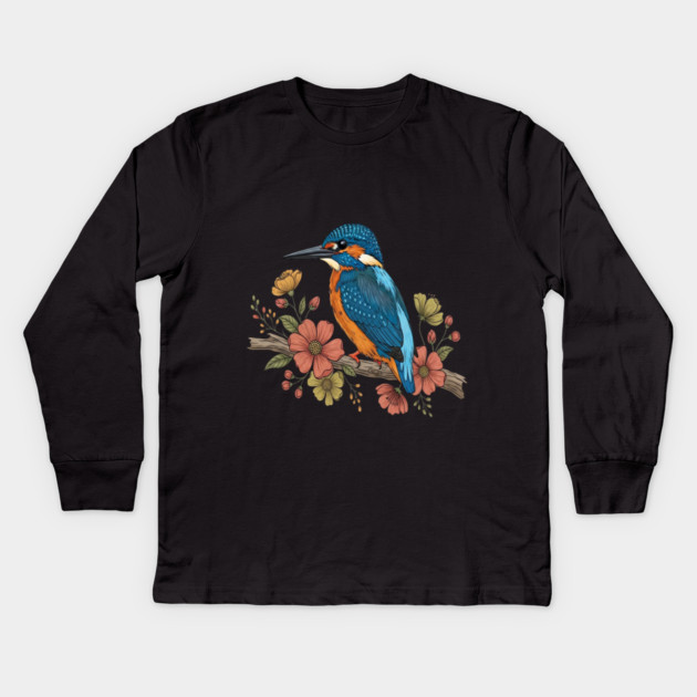 Common Kingfisher with Whimsy Florals in Botanical Style Kids Long Sleeve T-Shirt by BirdsnStuff