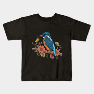 Common Kingfisher with Whimsy Florals in Botanical Style Kids T-Shirt
