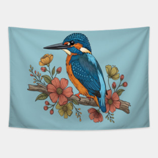 Common Kingfisher with Whimsy Florals in Botanical Style Tapestry