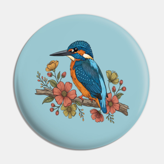 Common Kingfisher with Whimsy Florals in Botanical Style Pin by BirdsnStuff