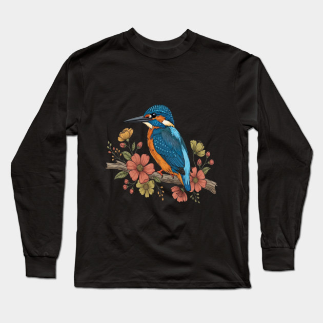 Common Kingfisher with Whimsy Florals in Botanical Style Long Sleeve T-Shirt by BirdsnStuff