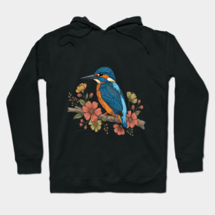 Common Kingfisher with Whimsy Florals in Botanical Style Hoodie