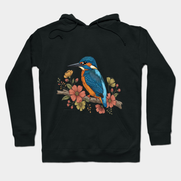 Common Kingfisher with Whimsy Florals in Botanical Style Hoodie by BirdsnStuff