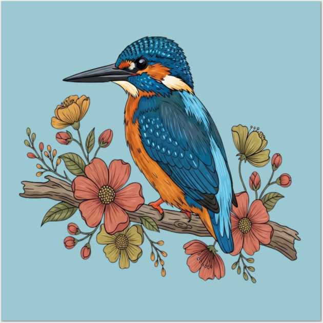 Common Kingfisher with Whimsy Florals in Botanical Style Wall Art by BirdsnStuff