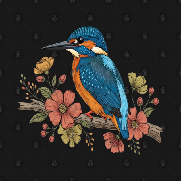 Common Kingfisher with Whimsy Florals in Botanical Style by BirdsnStuff