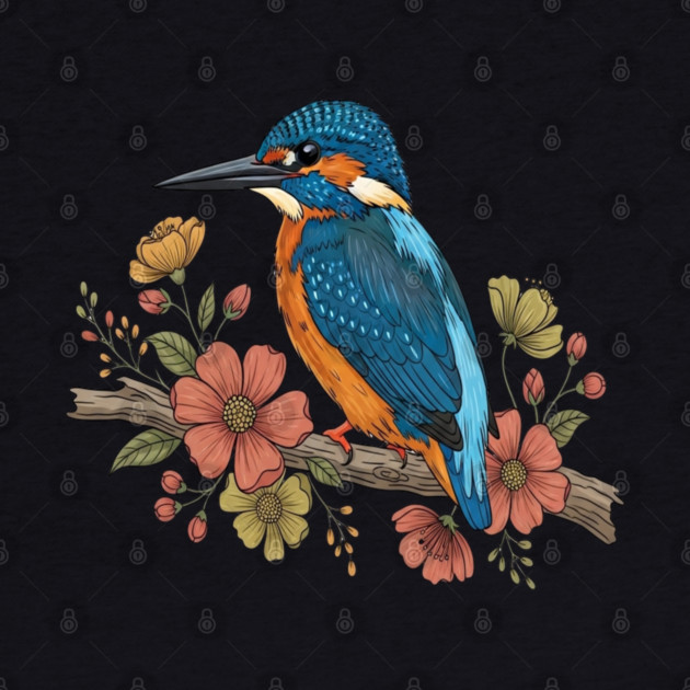 Common Kingfisher with Whimsy Florals in Botanical Style by BirdsnStuff