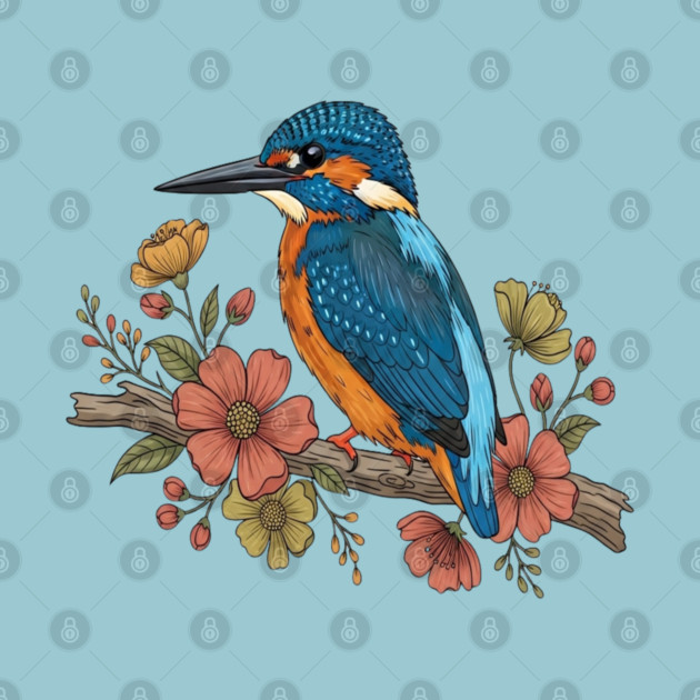 Common Kingfisher with Whimsy Florals in Botanical Style by BirdsnStuff