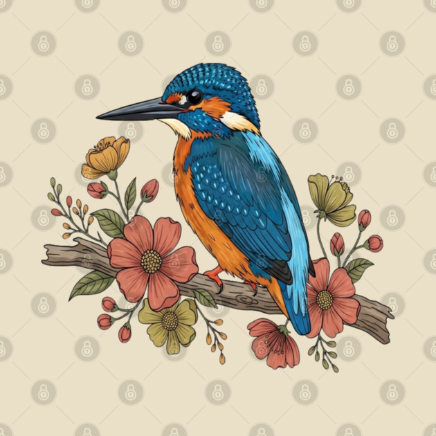 Common Kingfisher with Whimsy Florals in Botanical Style by BirdsnStuff