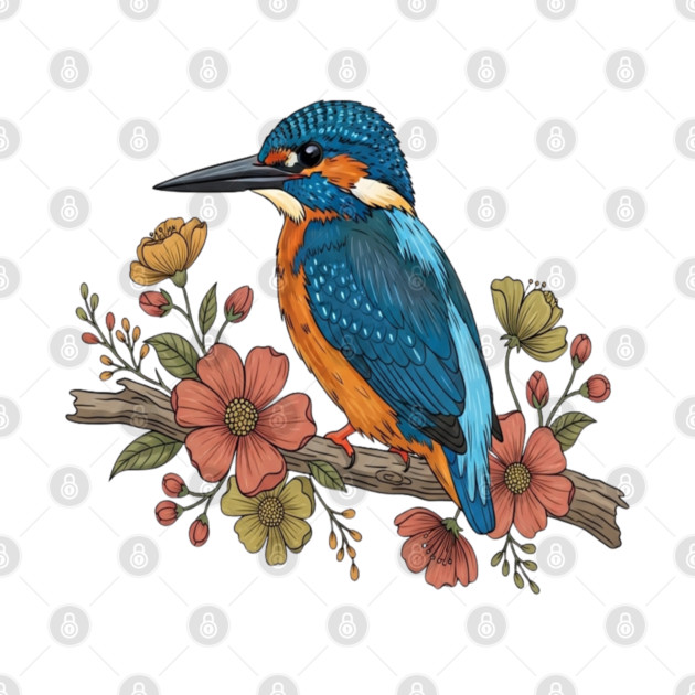 Common Kingfisher with Whimsy Florals in Botanical Style by BirdsnStuff