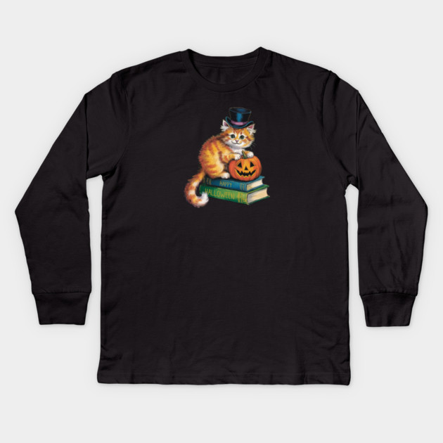 Happy Halloween Orange Cat Kids Long Sleeve T-Shirt by Pete the Cat Guy