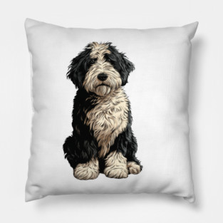 Black and White Bernedoodle Dog Illustration Doodle Pillow