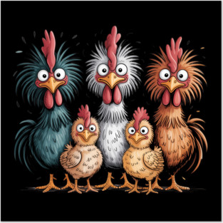 Crazy Chicken Family Chicken Colorful Posters and Art