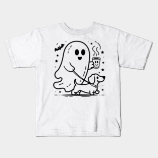 Cute Halloween Ghost Walking Dog – Spooky Season Coffee Lover Fall Design Kids T-Shirt