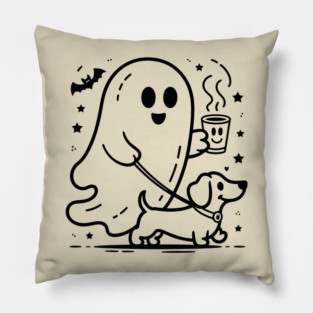 Cute Halloween Ghost Walking Dog – Spooky Season Coffee Lover Fall Design Pillow