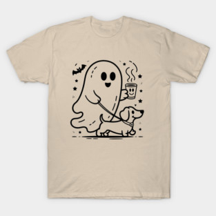 Cute Halloween Ghost Walking Dog – Spooky Season Coffee Lover Fall Design T-Shirt