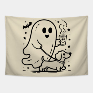 Cute Halloween Ghost Walking Dog – Spooky Season Coffee Lover Fall Design Tapestry