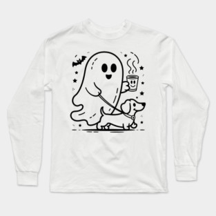 Cute Halloween Ghost Walking Dog – Spooky Season Coffee Lover Fall Design Long Sleeve T-Shirt
