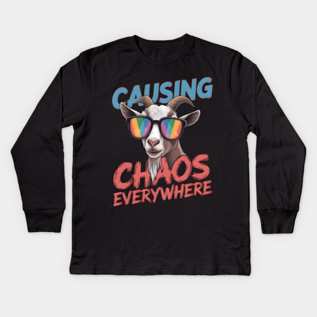 Causing Chaos Everywhere Funny Goat Kids Long Sleeve T-Shirt by MakerMind8.2