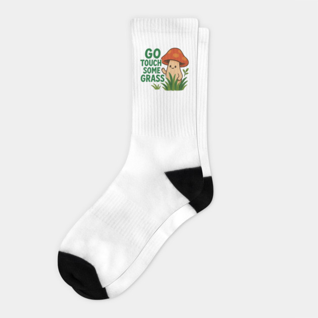 Go Touch Some Grass  Kawaii Mushroom Nature Tee Socks by Anne Lee