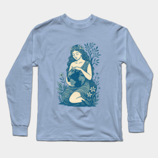 Blue Gaia Mother Goddess Earth Nature Spiritual Feminine Design Long Sleeve T-Shirt