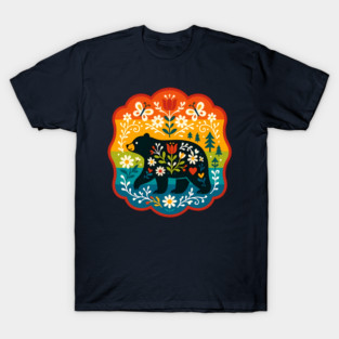 Black Bear with floral folk art pattern - heidiannemorris Scandinavian Folk Art T-Shirt