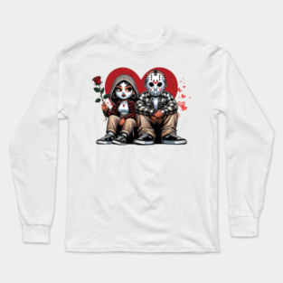 Chicano Valentine Chola Couple, Horror Couple Chicana Valentine, Horror Spanish Valentine, Valentines Old School Cholo Long Sleeve T-Shirt