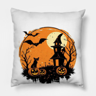 Halloween-themed spooky night scene with a haunted house, glowing jack-o’-lantern pumpkins, a black cat, bare trees, bats flying, and a full moon in the background. Pillow