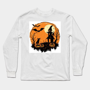 Halloween-themed spooky night scene with a haunted house, glowing jack-o’-lantern pumpkins, a black cat, bare trees, bats flying, and a full moon in the background. Long Sleeve T-Shirt