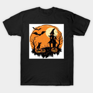 Halloween-themed spooky night scene with a haunted house, glowing jack-o’-lantern pumpkins, a black cat, bare trees, bats flying, and a full moon in the background. T-Shirt