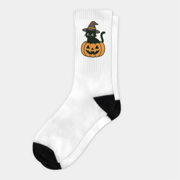 Black Cat Pumpkin Witch | Cute Minimalist Halloween T-Shirt Socks by Demian Stipatio