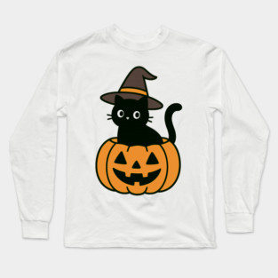 Black Cat Pumpkin Witch | Cute Minimalist Halloween T-Shirt Long Sleeve T-Shirt