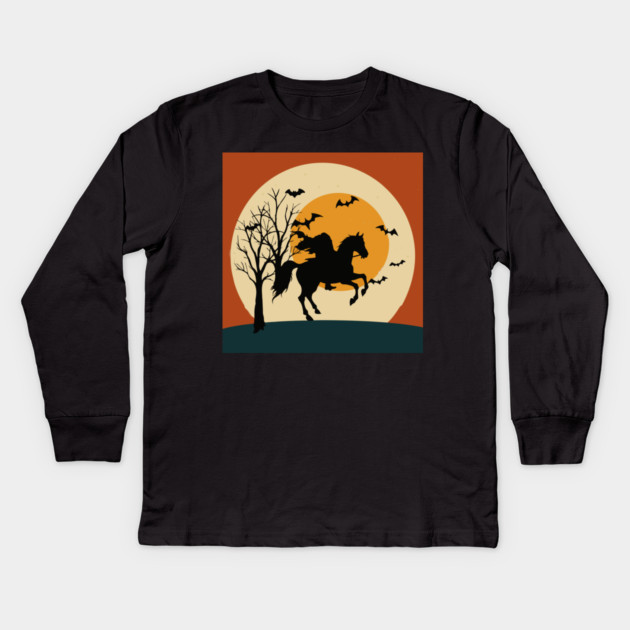 Headless Horseman Halloween Night – Spooky Vintage Silhouette Art Kids Long Sleeve T-Shirt by DonWillisJrArt