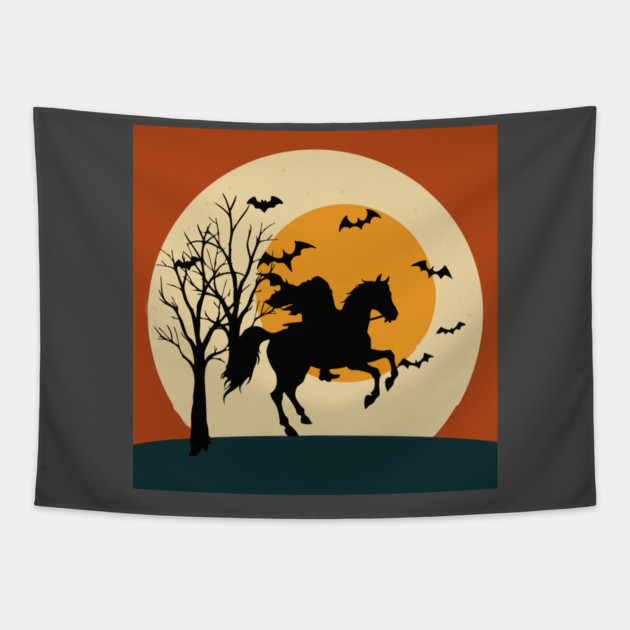 Headless Horseman Halloween Night – Spooky Vintage Silhouette Art Tapestry by DonWillisJrArt