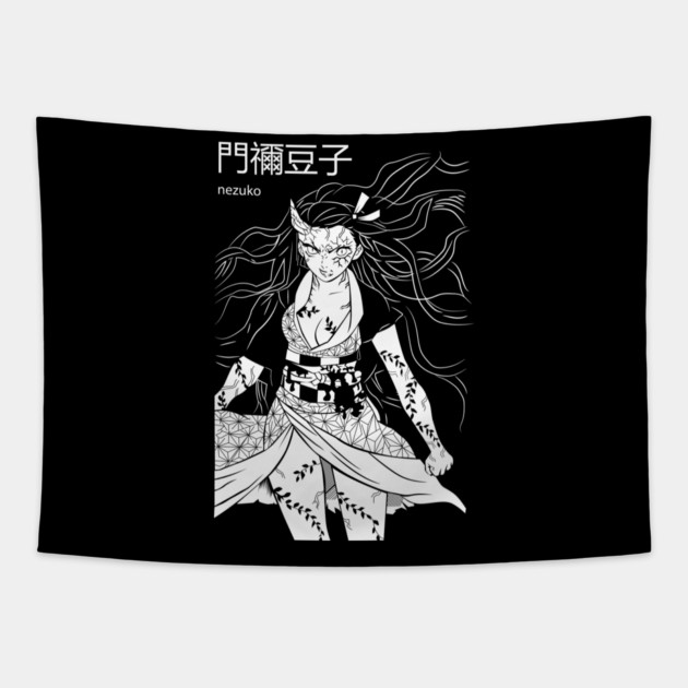 Kimetsu no Yaiba - Nezuko Black and White Tapestry by Otaku Vibes